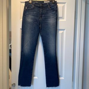 AG, The Mari, high-rise, tapered leg jean in a size 28R.